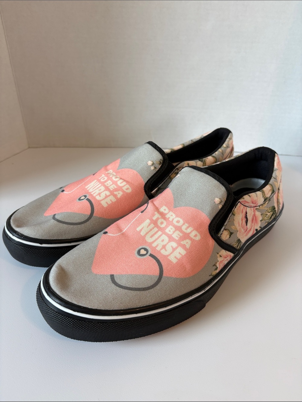 RAAD x Groovebags “Proud to Be A Nurse” Medical Pink/ Gray Slip-On Sneakers
